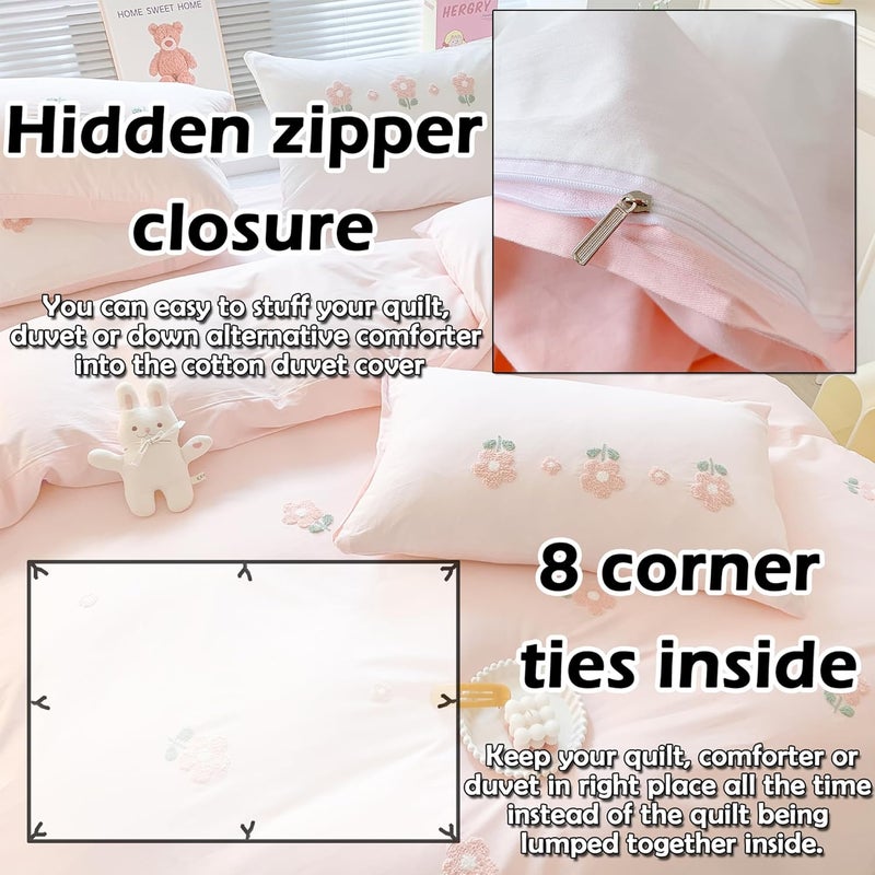 MorroMorn Twin Duvet Cover Cotton, 3D Embroidery Twin Bedding Sets Pink Bed Set, Fluffy Chenille Embroidered Comforter Covers Soft Sweat-Absorbing for Girls Kids Teen (Flowers Pink, Twin/Twin XL) - Image 4